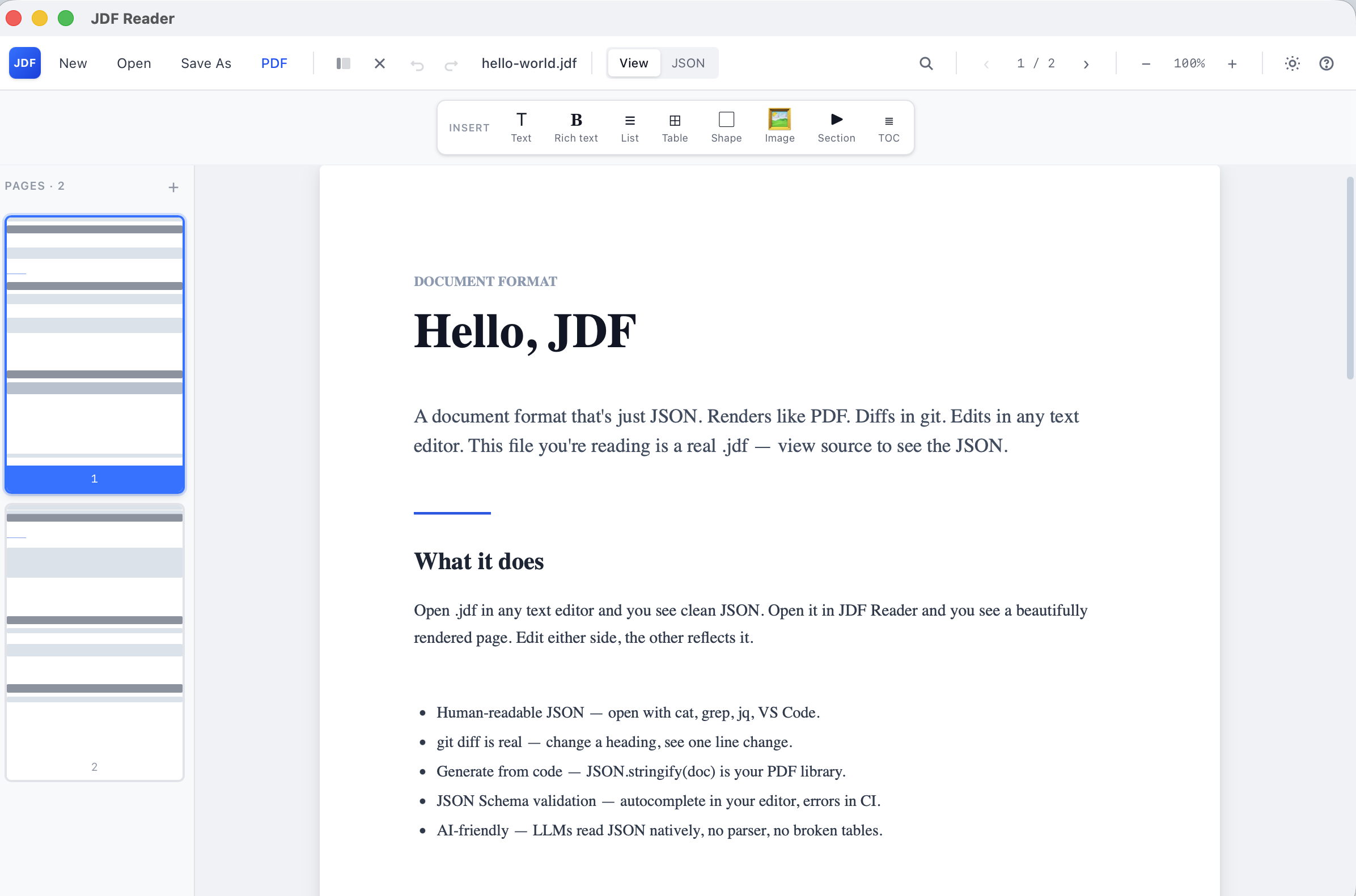 JDF Reader — rendered document view